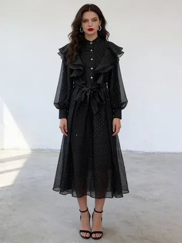 Robe Longue Romantique de Style Cour Rétro à Col Montant et Volants Pour Femmes Robe Maxi Élégante à Manches Longues et Taille Haute