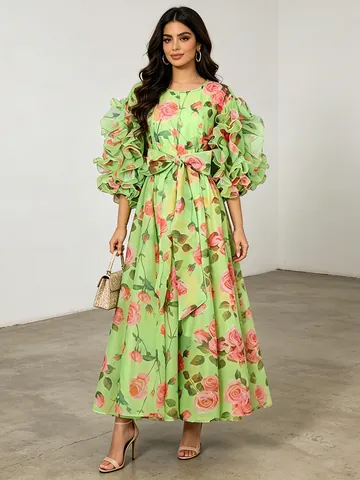 Vintage Palace Style Rose Floral Printed Dress Women Round Neck Design Puff Sleeve Ruffle Hem Elegant Long Maxi Dress