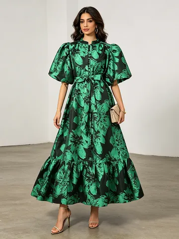 Robe Maxi Style Vintage Français à Imprimé Floral Pour Femmes Manches Bouffantes Taille à Cordon Élégante Robe de Soirée
