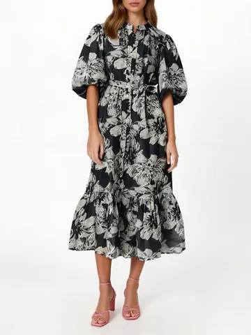 Robe Maxi Style Vintage Français à Imprimé Floral Pour Femmes Manches Bouffantes Taille à Cordon Élégante Robe de Soirée
