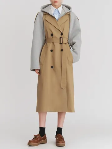 Damen Koreanischer Stil Lässiger Grabenmantel Kontrastnähte Mittellang Zweireihig Gürteltaille Windjacke Top
