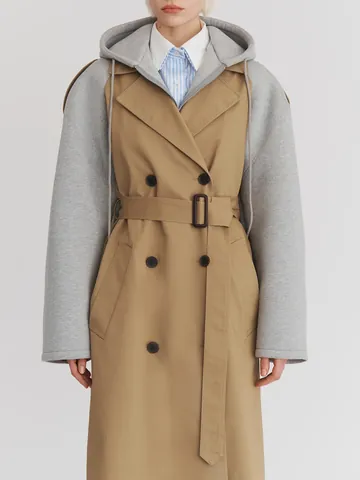 Damen Koreanischer Stil Lässiger Grabenmantel Kontrastnähte Mittellang Zweireihig Gürteltaille Windjacke Top