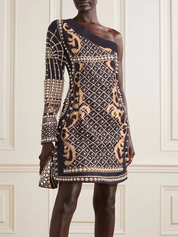 French Palace Retro One Shoulder Mini Dress Women Baroque Print Single Sleeve Artificial Pearl Beaded Elegant Party Evening Dress