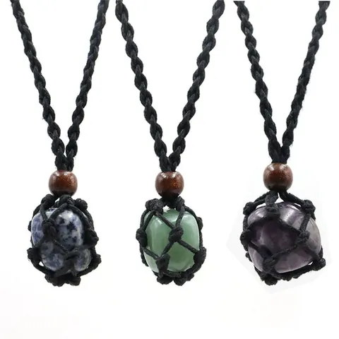 Handmade Natural Raw Stone Pendant Necklace Bohemian Ethnic Woven Cord Necklace With Wood Beads Crystal Healing Jewelry For Unisex