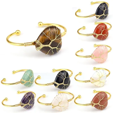 Goldener Draht Umwickelter Lebensbaum Herz Naturstein Offener Armreif Armband Handgefertigter Amethyst Rosenquarz Kristall Schmuck