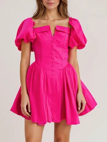 French Vintage Puff Sleeve High Waist Mini Dress For Women Elegant Single Breasted Slimming A-line Short Sleeve Dress Party Daily Wear