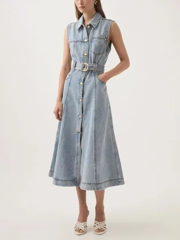 Koreanische Mode Revers Jeanskleid Ärmellos Schlanke Taille Maxi Kleid Einfarbig Einreihig Gewaschenes Denim Langes Kleid Für Damen