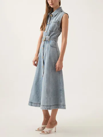 Koreanische Mode Revers Jeanskleid Ärmellos Schlanke Taille Maxi Kleid Einfarbig Einreihig Gewaschenes Denim Langes Kleid Für Damen