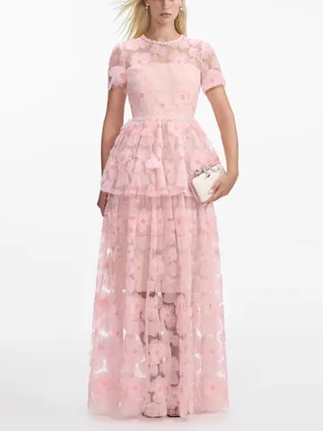 Vestido Largo Escalonado de Malla Bordado con Flores Dulces Francesas Cuello Cuadrado Manga Corta Cintura Alta Vestido Pastel Mujer