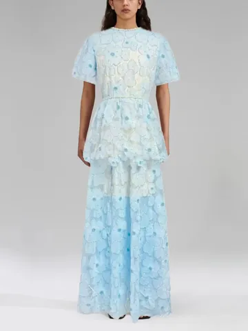Vestido Largo Escalonado de Malla Bordado con Flores Dulces Francesas Cuello Cuadrado Manga Corta Cintura Alta Vestido Pastel Mujer