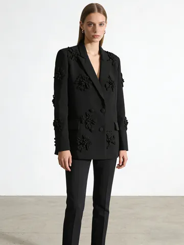 Conjunto de Traje Blazer Elegante Con Aplique Floral 3D para Mujer Manga Larga Doble Botonadura Top Y Bottom Atuendo de Moda