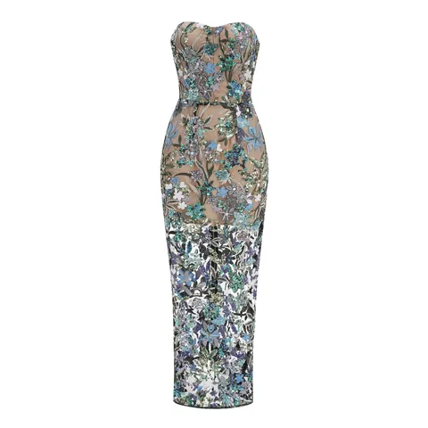 Women Sexy Sequin Floral Embroidered Tube Top Maxi Dress Elegant Sleeveless Slim Fit Party Evening Long Dress For Banquet