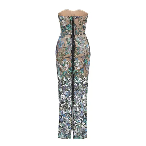 Women Sexy Sequin Floral Embroidered Tube Top Maxi Dress Elegant Sleeveless Slim Fit Party Evening Long Dress For Banquet