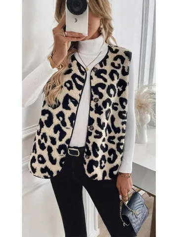 Chaleco Peludo con Estampado de Leopardo para Mujer Chaqueta sin Mangas de Piel Sintética Chaleco Cálido de Invierno con Botones Ropa de Abrigo Casual Top Elegante