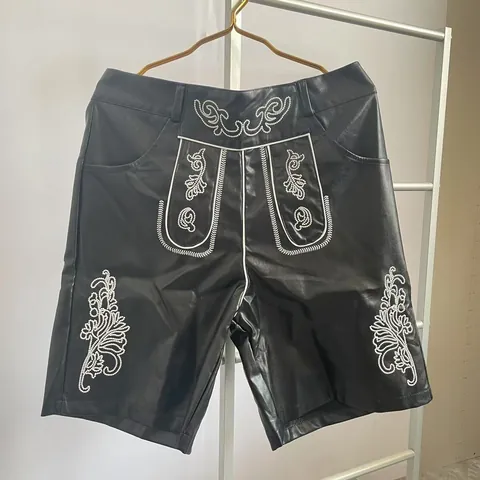 Men Traditional Oktoberfest Lederhosen Embroidered Shorts German Beer Festival Costume Casual PU Leather Design Bottom Pants