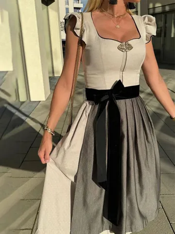 Women Traditional German Oktoberfest Dirndl Dress Vintage Cotton Blend Ruffle Bow Striped Patchwork Festival Party Maxi Dress