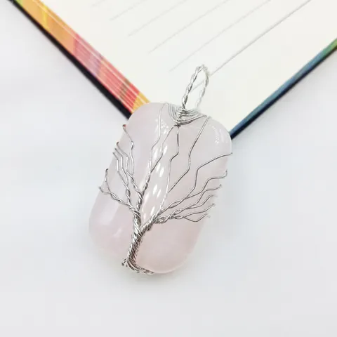 Handmade Wire Wrapped Tree of Life Crystal Gemstone Pendant Rectangular Quartz Agate Stone Charm For Women Jewelry Making
