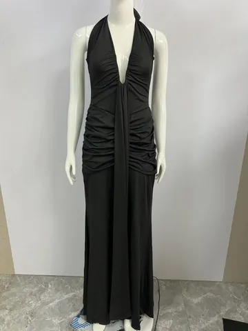 Robe Longue Élégante pour Femmes Dos Nu Froncé Maxi Robe Sexy Col en V Profond Bodycon Robe de Soirée Longue Tenue de Vacances