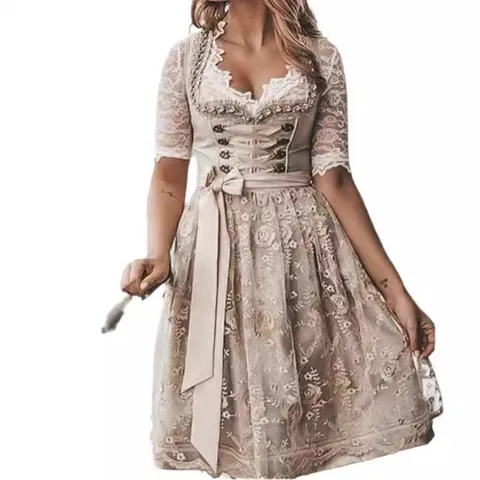 Traditional German Oktoberfest Dirndl Dress Set Women Apricot Lace Jacquard Floral Performance Stage Party Costume