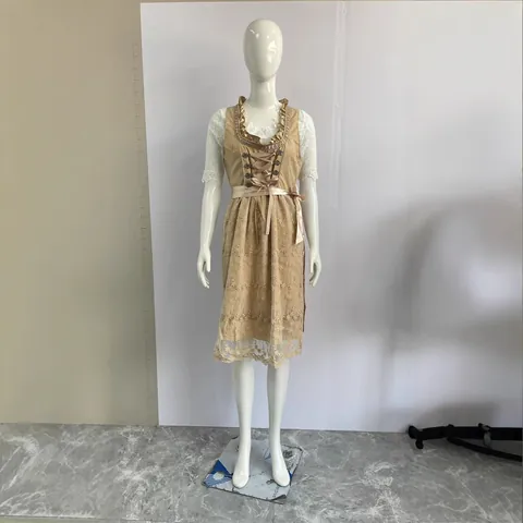 Traditional German Oktoberfest Dirndl Dress Set Women Apricot Lace Jacquard Floral Performance Stage Party Costume