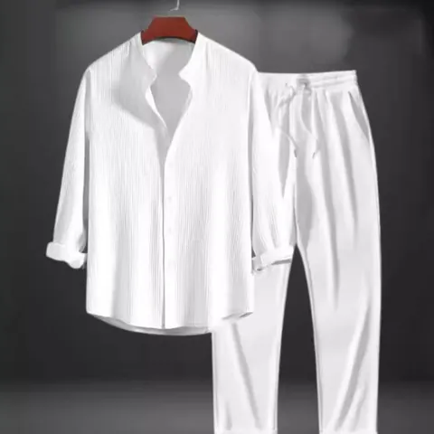 Herren Smart Casual Polyester Top Und Bottom Set Langarm Texturiertes Hemd Und Kordelzug Hose Outfit