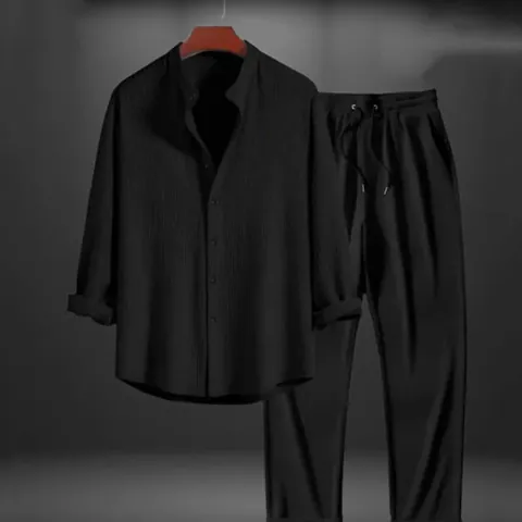 Herren Smart Casual Polyester Top Und Bottom Set Langarm Texturiertes Hemd Und Kordelzug Hose Outfit
