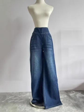 Women's Plus Size High Waist Wide Leg Jeans Slimming Straight Loose Multi-Pocket Whiskered Denim Pants Casual Bottoms