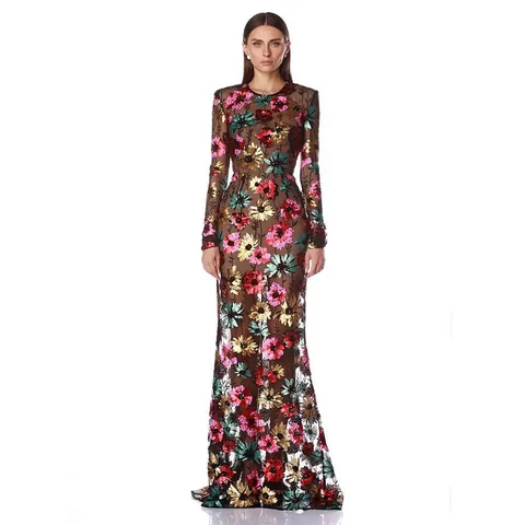 Dames Sexy Ronde Hals Lange Mouw Mesh Pailletten Floral Borduursel Bodycon Meermin Maxi Jurk Voor Avond Banket Feest Rood