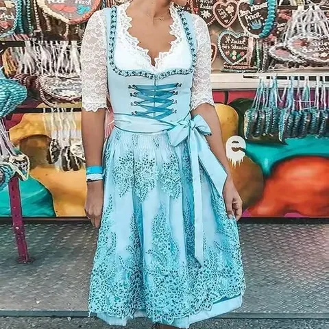 Women's Light Blue Oktoberfest Dirndl Dress Set Traditional Folk Printed Lace Trim Beer Festival Stage Performance Costume