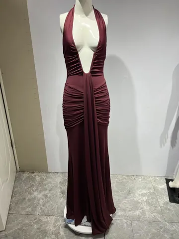 Robe Longue Élégante pour Femmes Dos Nu Froncé Maxi Robe Sexy Col en V Profond Bodycon Robe de Soirée Longue Tenue de Vacances