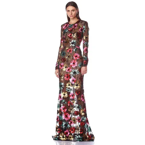 Dames Sexy Ronde Hals Lange Mouw Mesh Pailletten Floral Borduursel Bodycon Meermin Maxi Jurk Voor Avond Banket Feest Rood