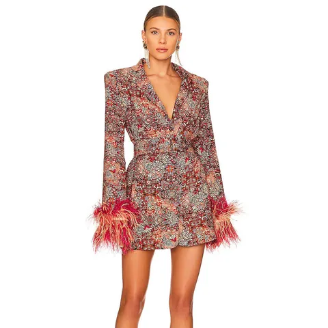 Women V Neck Floral Mini Dress Elegant Feather Cuff Long Sleeve Polyester Party Dress Slim Fit Printed Spliced Short Dress