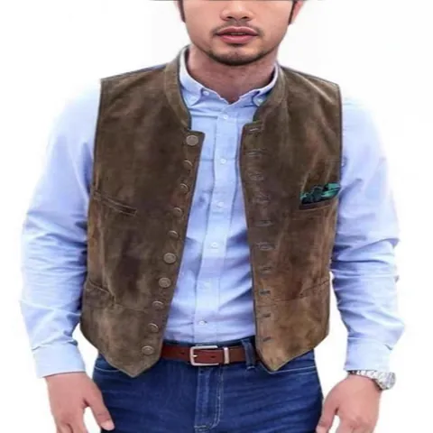 Men Vintage Suede Vest British Style Stand Collar Multi-button Casual Waistcoat Top Polyester Suede Workwear Outerwear