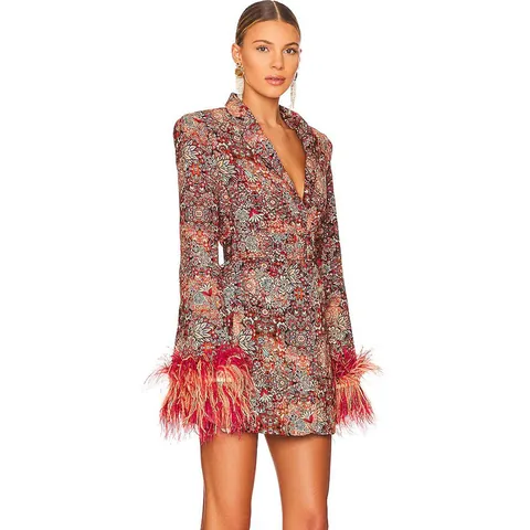 Women V Neck Floral Mini Dress Elegant Feather Cuff Long Sleeve Polyester Party Dress Slim Fit Printed Spliced Short Dress