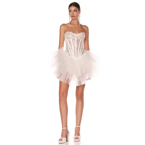 Women Sexy Lace Corset Dress White Tube Top Fishbone Mesh Bubble Skirt Elegant European Slim Fit Party Mini Dress