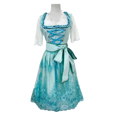 Women's Light Blue Oktoberfest Dirndl Dress Set Traditional Folk Printed Lace Trim Beer Festival Stage Performance Costume