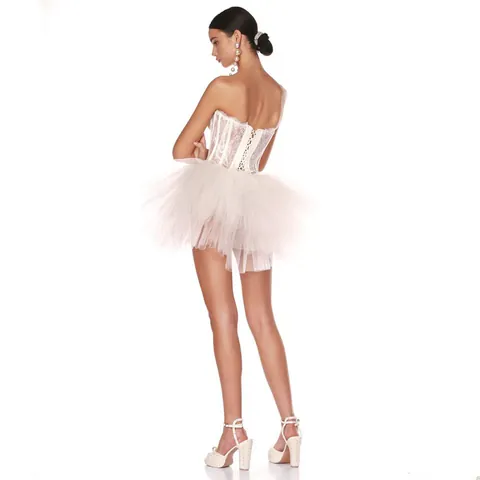Women Sexy Lace Corset Dress White Tube Top Fishbone Mesh Bubble Skirt Elegant European Slim Fit Party Mini Dress