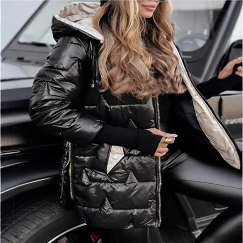Women Mid-Length Puffer Coat Metallic Glossy Hooded Winter Jacket Star Quilted Thick Cotton Padded Windproof Outerwear Zip Up
