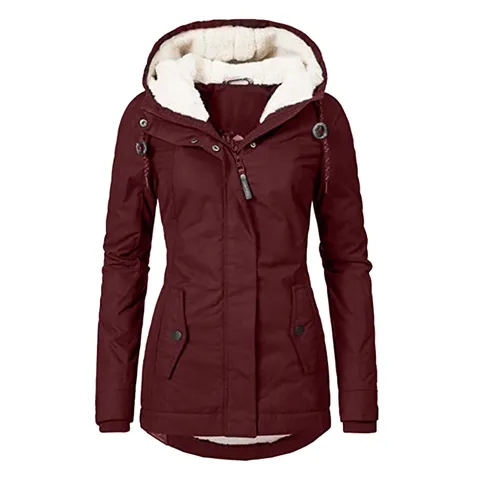 Women Casual Hooded Fleece Lined Padded Jacket Warm Winter Zip Up Sherpa Jacket With Pockets Solid Color Outdoor Long Sleeve Top
