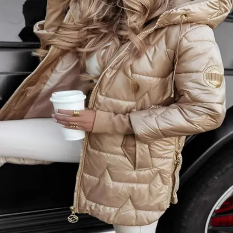 Manteau Doudoune Mi-Long pour Femme Brillant Métallique à Capuche Veste d'Hiver Matelassée Étoilée Coupe-Vent Rembourré