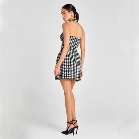 Vestido Sexy con Cuello Halter en A para Mujer Cuadros Blanco y Negro Tweed Lentejuelas Mini Vestido de Noche Retro sin Mangas