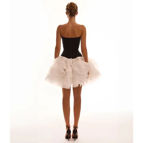 Contrast Color Corset Top And Bottom Women Multi Layer Mesh Bubble Skirt Sexy Strapless Fishbone Waist Banquet Party Short Outfit