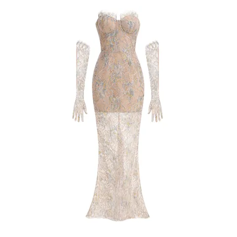 Women Sexy Lace Patchwork Backless Tube Top Mermaid Maxi Dress With Matching Gloves Floral Polyester Evening Party Dress