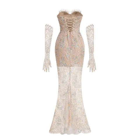 Women Sexy Lace Patchwork Backless Tube Top Mermaid Maxi Dress With Matching Gloves Floral Polyester Evening Party Dress