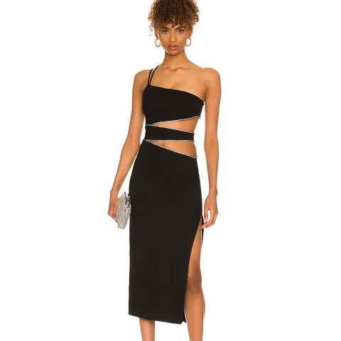 Women Sexy Black Hollow Out Rhinestone Chain Spliced Camisole Dress Slim Fit Side Slit Midi Party Evening Dress