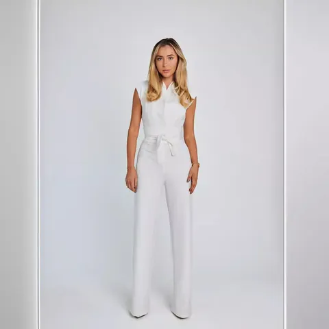 Mono Sin Mangas de Pata Ancha para Mujer Elegante de Cintura Alta con Lazo Color Sólido Arrugado Mono de Una Pieza para Playa Verano Diario