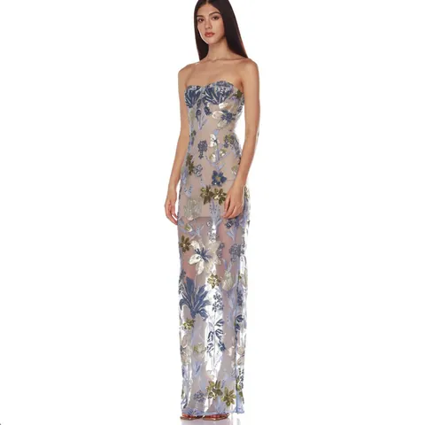 Robe Longue Bustier pour Femmes avec Broderie Florale et Paillettes Coupe Ajustée Sexy Robe de Soirée Élégante pour Fêtes