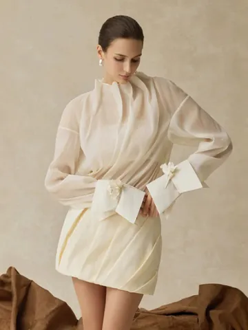 French Sheer Long Sleeve Pleated Shirt 3-Piece Set With Bandeau And Bodycon Skirt Elegant Evening Party Gown Outfit Women