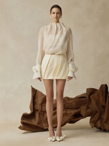 French Sheer Long Sleeve Pleated Shirt 3-Piece Set With Bandeau And Bodycon Skirt Elegant Evening Party Gown Outfit Women