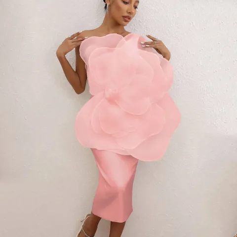 Women Sexy One Shoulder 3D Flower Decoration Satin Midi Dress Elegant Bodycon Party Cocktail Wedding Guest Midi Dress
